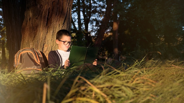 Junge, der unter einem Baum sitzt, liest ein Buch. Schulkind lernt in der Natur.