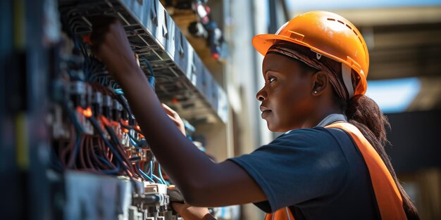 Junge Elektrikerin mit Schutzhelm bei der Arbeit. Hochwertiges Foto. Generative KI