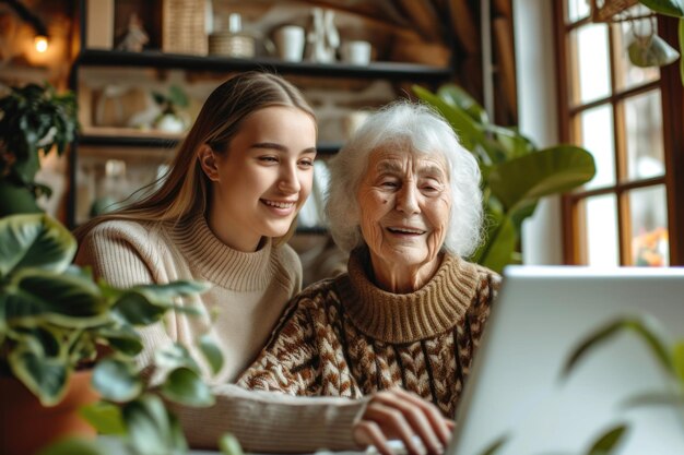 Junge Enkelin lehrt eine ältere ältere Frau, einen Laptop zu benutzen Glückliche lächelnde junge und erwachsene Person Kommunikation