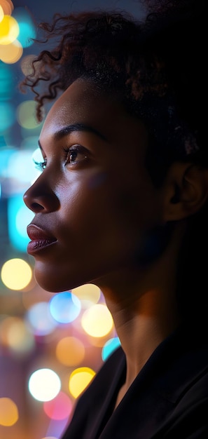 junge erfolgreiche afroamerikanische Geschäftsfrau, die die Nachtstadt mit filmischem Licht betrachtet