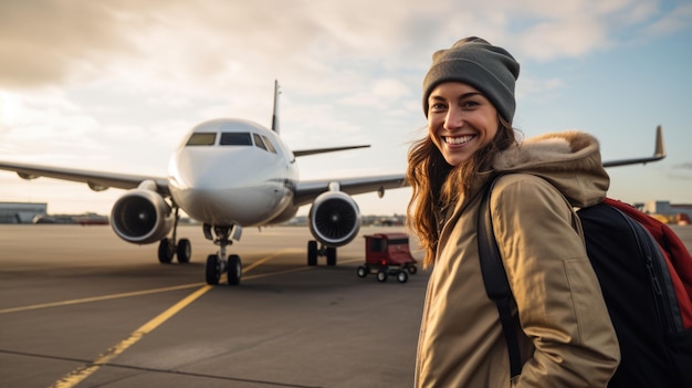 Junge erfolgreiche Frau steht draußen und wartet darauf, in einen Privatjet zu steigen