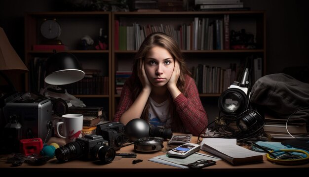 Junge erwachsene Frau arbeitet drinnen am Schreibtisch mit von KI generierter Technologieausrüstung