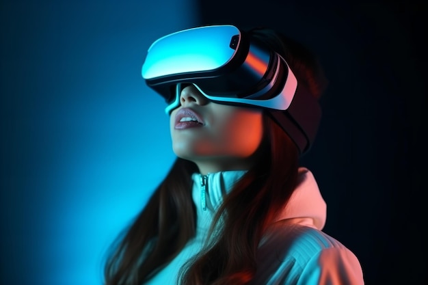 Junge erwachsene Frau mit futuristischer Virtual-Reality-Brille