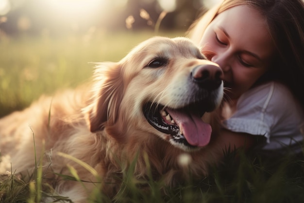 Junge erwachsene Frau umarmt ihren Hund im Herbstpark im Freien, KI-generiert