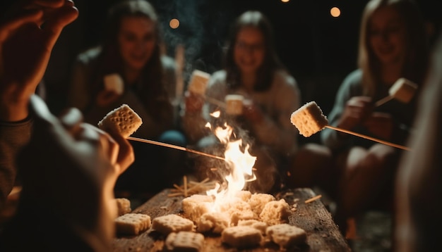 Junge Erwachsene grillen gemeinsam am Lagerfeuer Marshmallows, generiert von KI