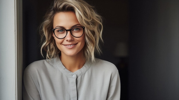 Junge erwachsene lächelnde europäische blonde Frau mit Brille im Gesichtsporträt