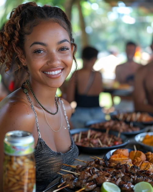 Foto junge erwachsene sitzen um einen picknicktisch herum hintergrund