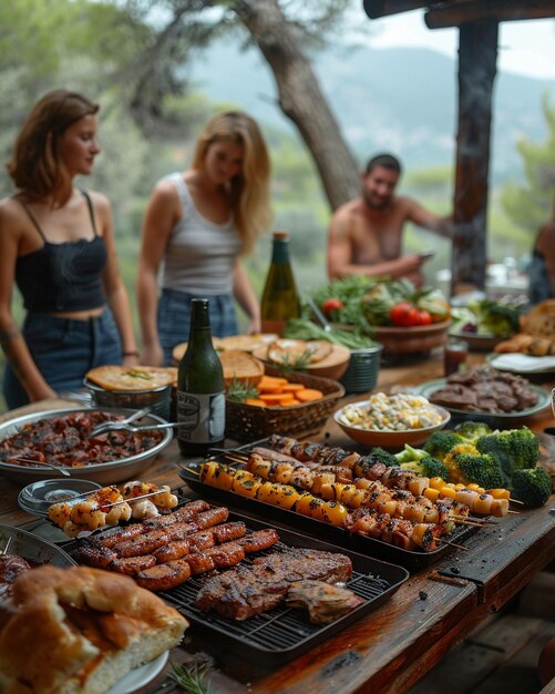 Foto junge erwachsene sitzen um einen picknicktisch herum tapeten