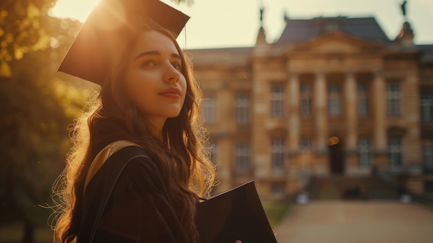 Junge europäische brünette Frau in schwarzem Kleid und Abschlussmütze vor der Universität KI generiert