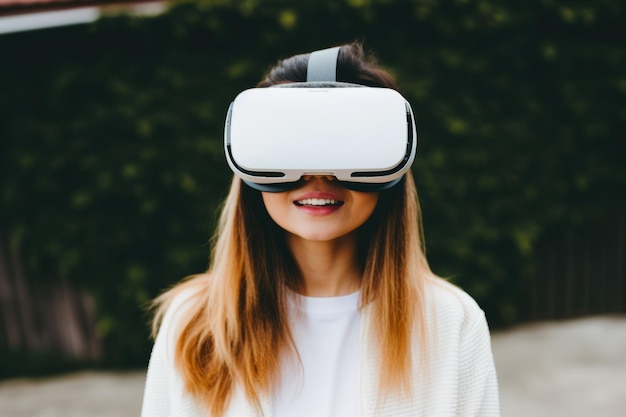Junge europäische Studentin benutzt Computertechnologie Mädchen VR-Headset virtuelle Realitätsbrille