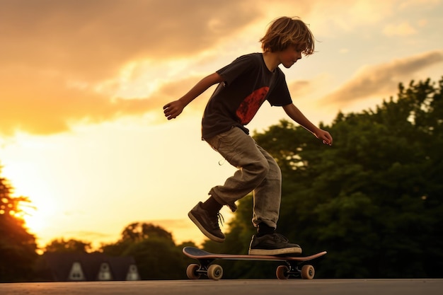 Junge fährt bei Sonnenuntergang Skateboard in einem Park