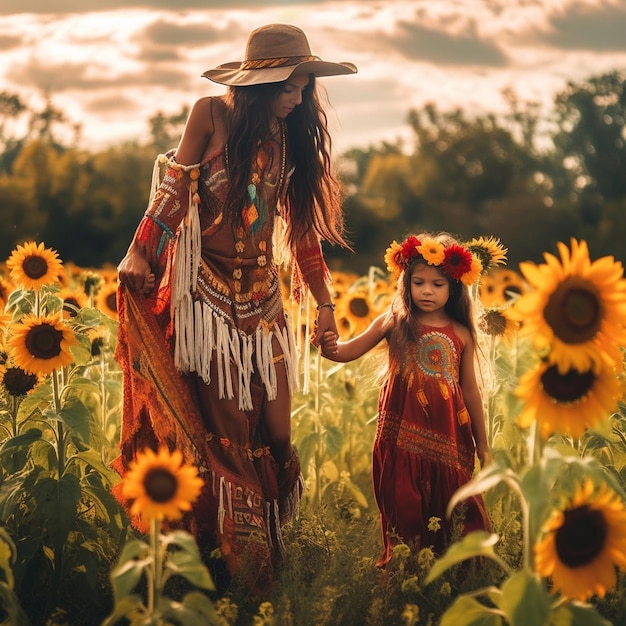 Junge Familie aus drei Personen mit kleiner Tochter in rotem Sommerkleid posieren am Sonnenfluss Generative KI