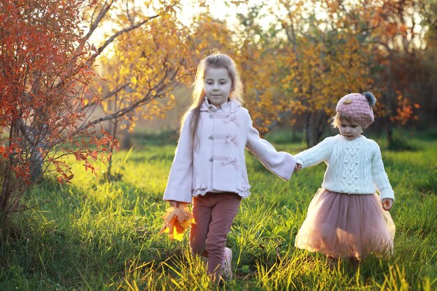 Junge Familie bei einem Spaziergang im Herbstpark an einem sonnigen Tag Glück, zusammen zu sein