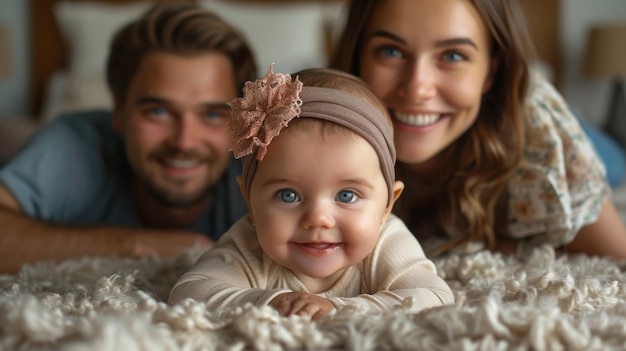 Foto junge familie genießt die zeit zusammen glückliche eltern mit einem entzückenden baby auf einem gemütlichen bett