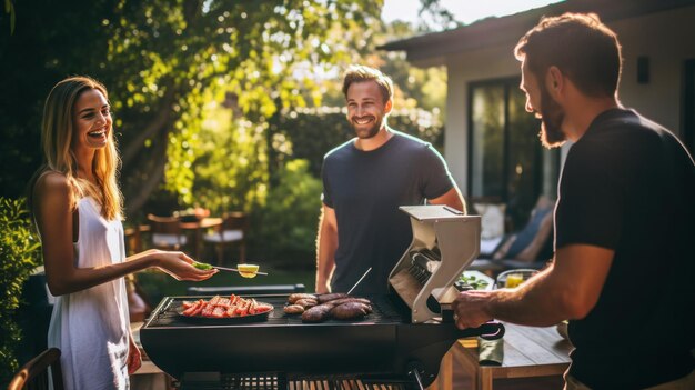 Junge Familie grillt am Grill