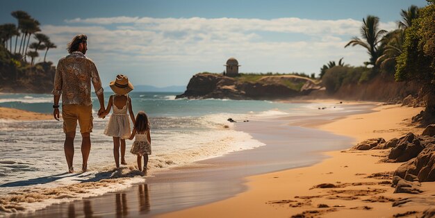 Junge Familie mit einem Kind, das am Strand spaziert, Blick von hinten auf Generative KI