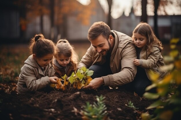 Junge Familie pflegt den Heimgarten und pflanzt Bäume
