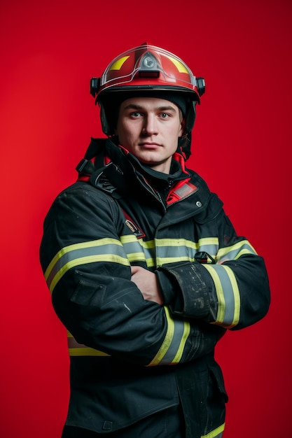 Junge Feuerwehrmann in voller Ausrüstung mit gekreuzten Armen steht vor einem leuchtend roten Hintergrund