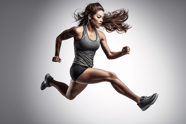 Junge Fitnessfrau springt und läuft auf grauem Hintergrund
