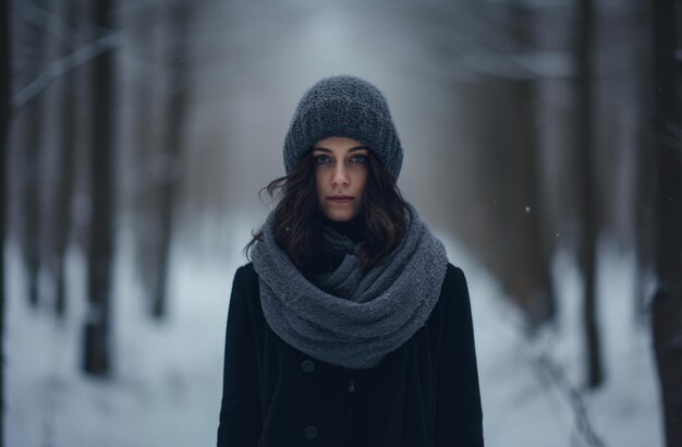 Junge Frau allein in einem verschneiten Wald