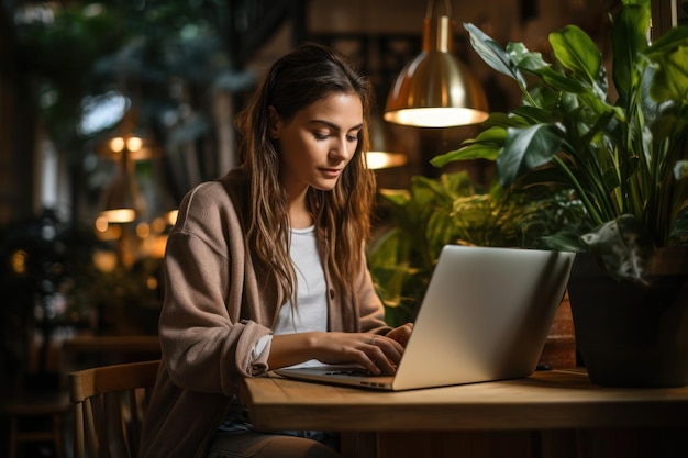 Junge Frau arbeitet an einem Laptop, während sie an einem Tisch sitzt