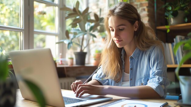 Junge Frau arbeitet an ihrem Laptop in einem Heimbüro, sie trägt ein lässiges Hemd und hat ihre Haare herausgelassen.