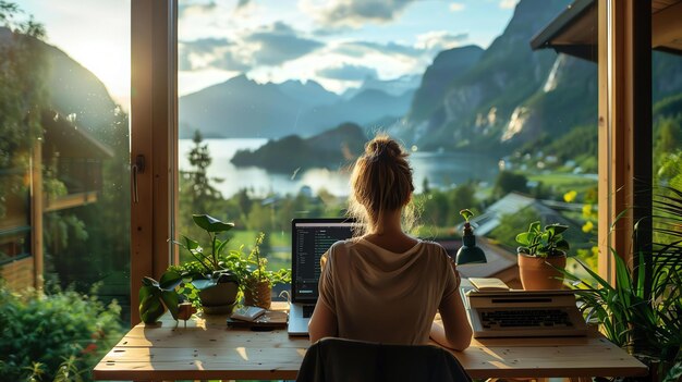 Junge Frau arbeitet an ihrem Laptop in einem schönen Heimbüro mit Blick auf die Berge