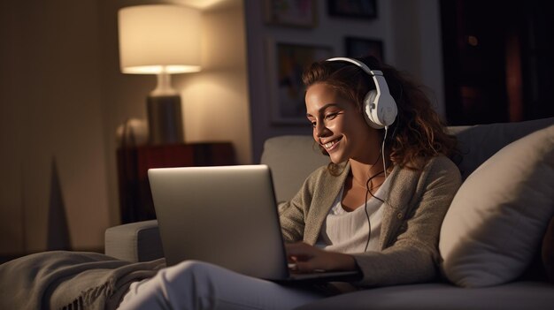 Junge Frau arbeitet in ihrem Haus mit Laptop und Kopfhörer Ai generative