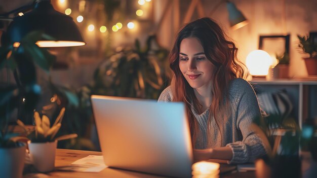 Junge Frau arbeitet spät in der Nacht an ihrem Laptop Sie sitzt an ihrem Schreibtisch in einem gemütlichen Heimbüro