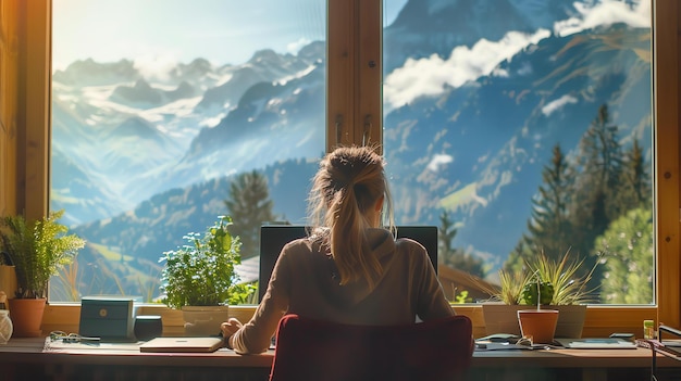 Foto junge frau arbeitet von zu hause aus mit einem wunderschönen bergblick sie sitzt an ihrem schreibtisch und schaut auf die schneebedeckten gipfel