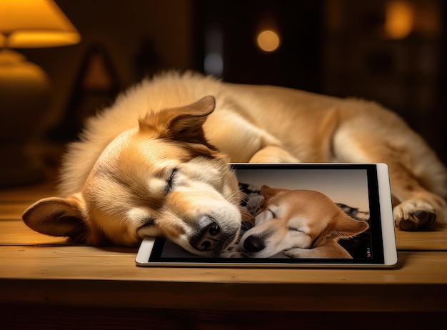 Foto junge frau arbeitet zu hause am laptop, süßer kleiner hund nebenher, arbeitet von zu hause aus, bleibt sicher.