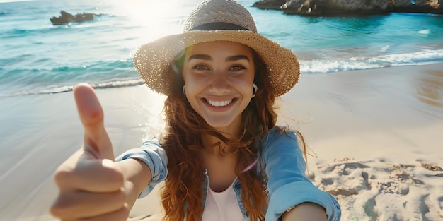 Junge Frau auf dem Strand macht ein Thumbs Up-Selfie mit Ozean-Hintergrund Concept Beach Thumbs up Selfie Ocean Young Woman