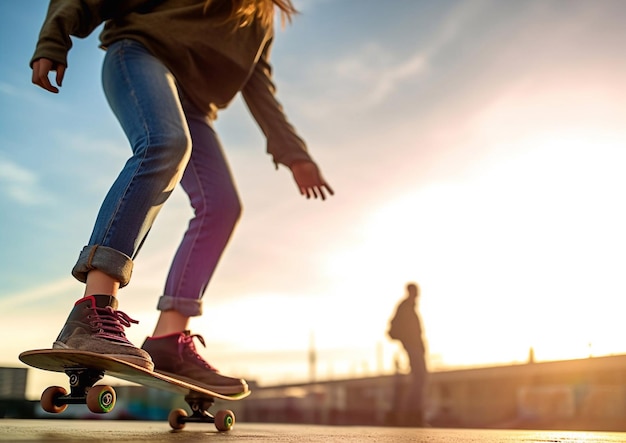 Foto junge frau auf einem skateboard im parkai generative