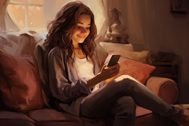 Junge Frau benutzt ein Handy, während sie zu Hause auf der Couch sitzt Ein lächelndes Mädchen sitzt mit einem Handy in den Händen auf dem Sofa