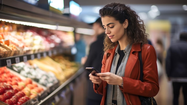 Junge Frau benutzt ein Smartphone im Supermarkt