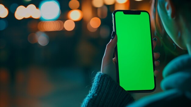 Junge Frau benutzt ein Smartphone mit grünem Chroma-Schlüsselbildschirm mit City-Night-Street-Hintergrund-Technologie-Konzept