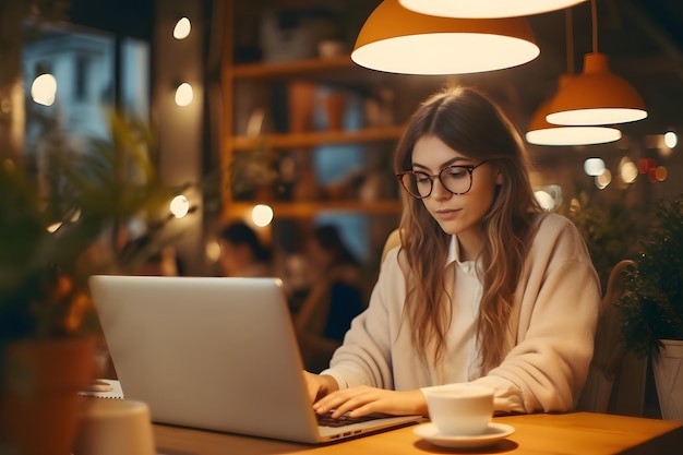 Junge Frau benutzt einen Laptop im Büro, Studentin arbeitet zu Hause, arbeitet oder studiert von zu Hause aus