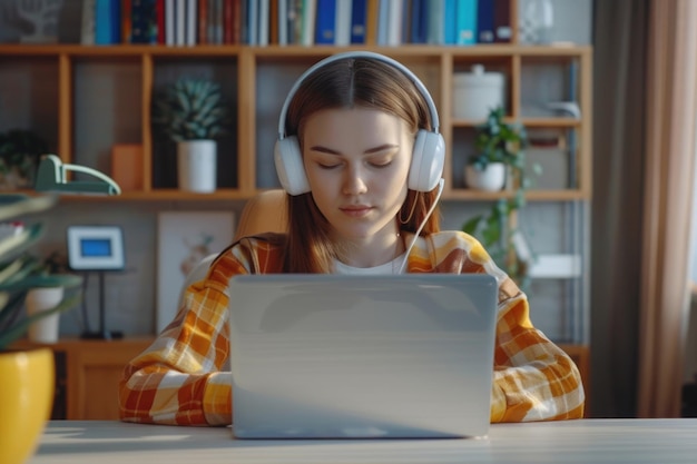 Junge Frau benutzt Kopfhörer und Laptop zum Online-Lernen