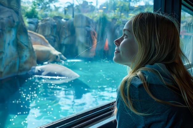 Junge Frau beobachtet in einem öffentlichen Aquarium die Unterwasserlebewesen, während das Sonnenlicht durchfiltert