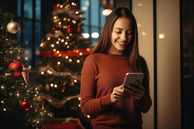 Junge Frau bestellt während der Weihnachtsferien zu Hause ein Geschenk mit Smartphone und Kreditkarte. Online-Shopping während der Feiertage, Internet-Banking-Shop, Online-Taschengeld-Konzept für den Winterurlaub