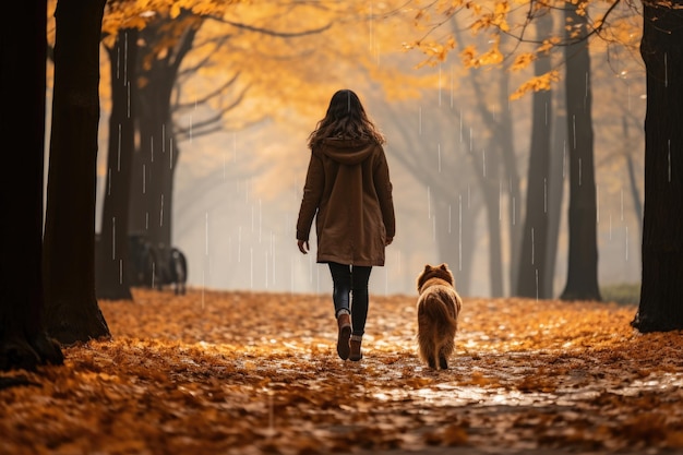 Junge Frau, die am Herbsttag mit ihrem Hund im Park spazieren geht, Blick von hinten, KI-generiert