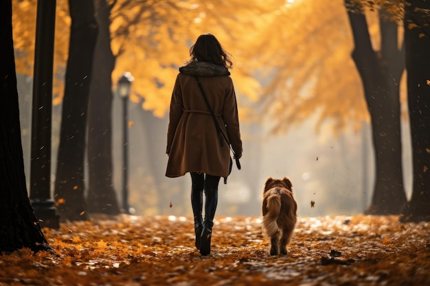 Junge Frau, die am Herbsttag mit ihrem Hund im Park spazieren geht, Blick von hinten, KI-generiert