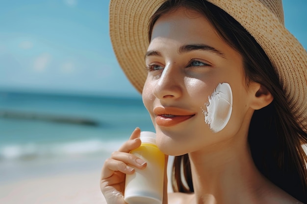 Foto junge frau, die am strand sonnencreme zum hautschutz aufträgt