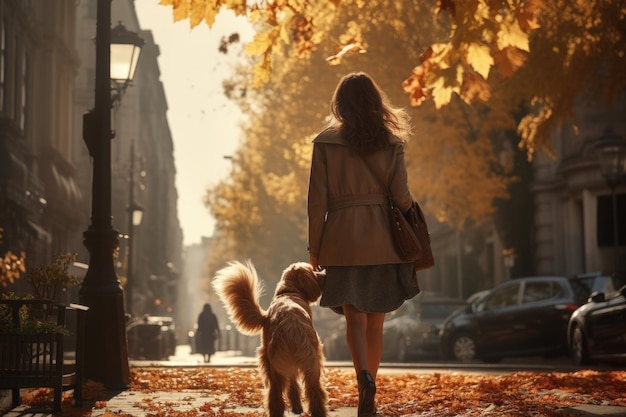 Junge Frau, die an einem Herbsttag mit ihrem Hund in der Stadt spazieren geht, scheint die Sonne von hinten, KI-generiert