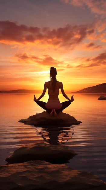 Foto junge frau, die bei sonnenuntergang in silhouette auf dem strand yoga macht