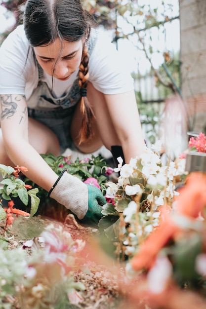 Junge Frau, die Blumen im Garten pflanzt und umpflanzt Konzept der Pflanzenpflege zu Hause Gartenarbeit Junge Frau Floristin kümmert sich um Topfpflanzen