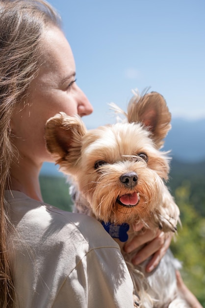 Junge Frau, die einen kleinen Hundewelpen Yorkshire-Terrier hält, der in den Bergen wandert