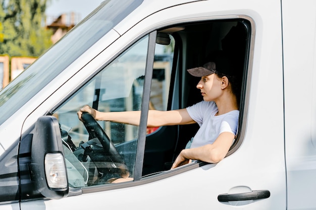 Junge Frau, die einen Lieferwagen fährt