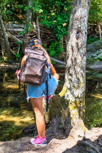 Junge Frau, die in einem Wald wandert, trägt sie einen Rucksack. Rückansicht einer Person, die Kontakt hat