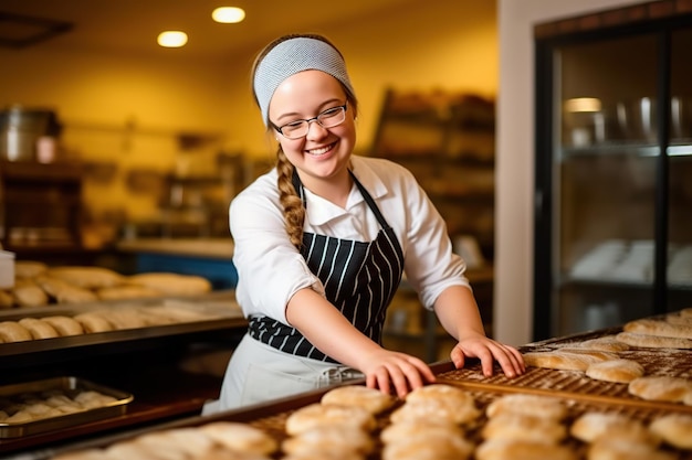 Junge Frau, die in einer Bäckerei arbeitet. KI-generiert